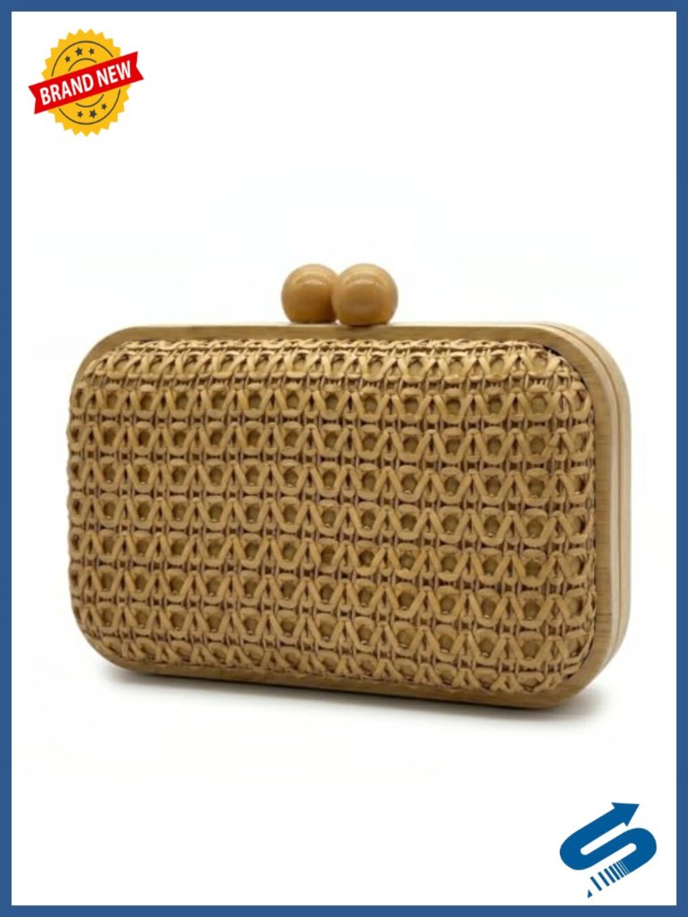 Faux Straw Woven Clutch with Wooden Frame Detachable Chain Summer Beach Bag